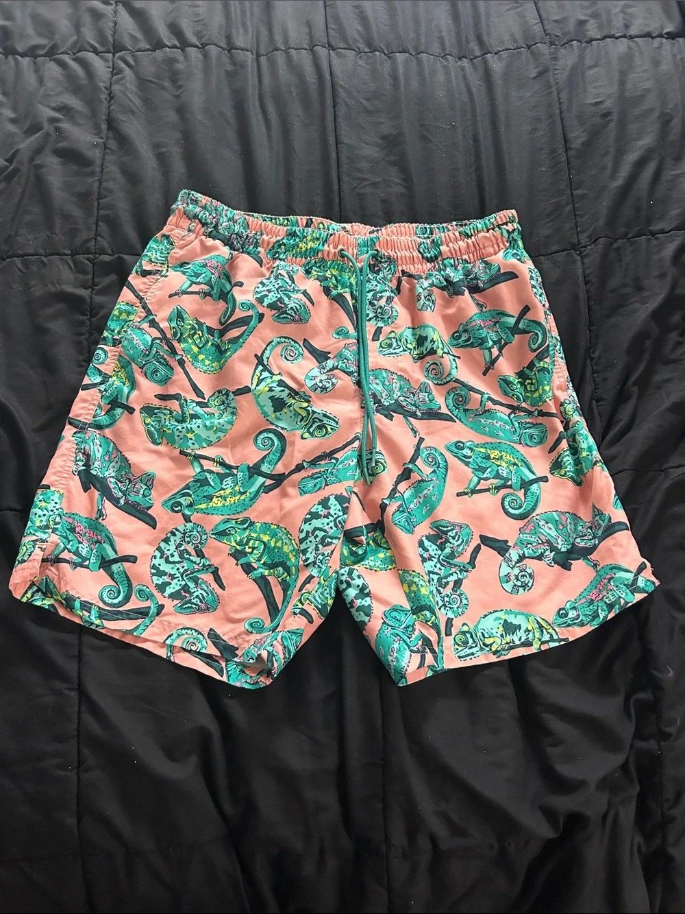 Men's Coral Swim Trunks with Teal Chameleon Print - M